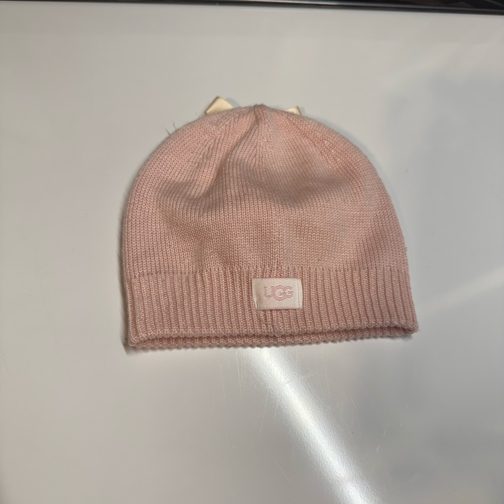 UGG Blush Pink Knit Beanie Hat | Satin Bow Detail | infant